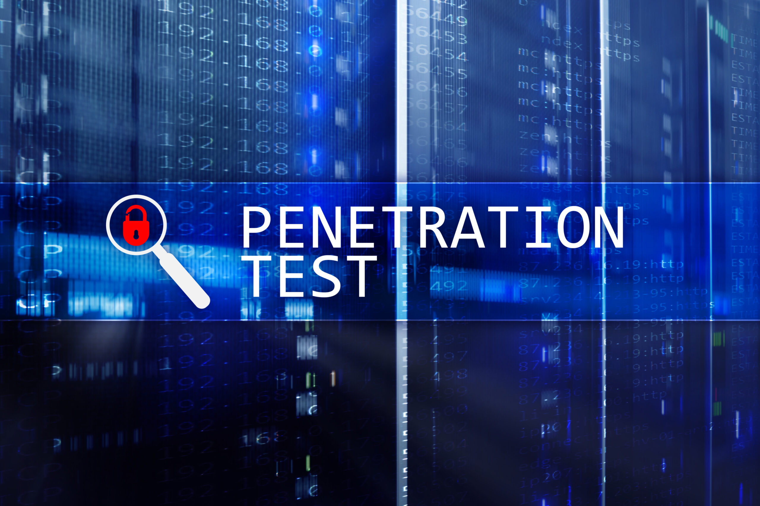 "Penetration Testing" on a blue background with a spyglass