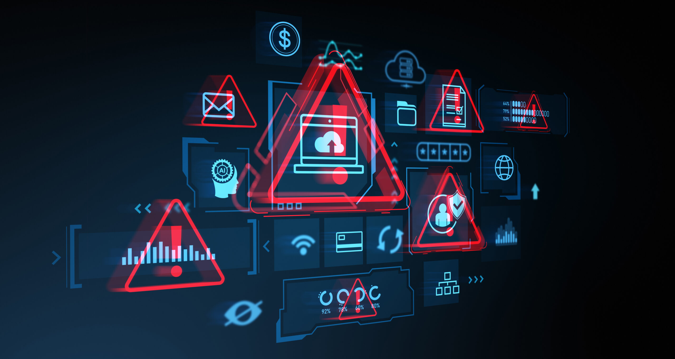 a neon screen of computer symbols with red triangles