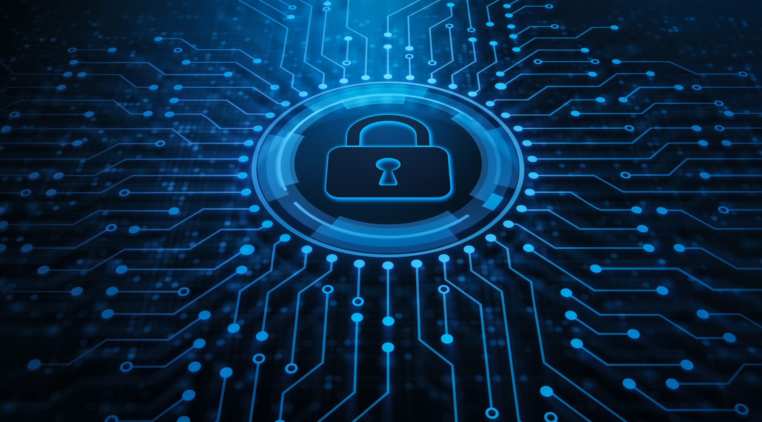 a digital blue and black padlock in a circle that looks like a CPU and motherboard.