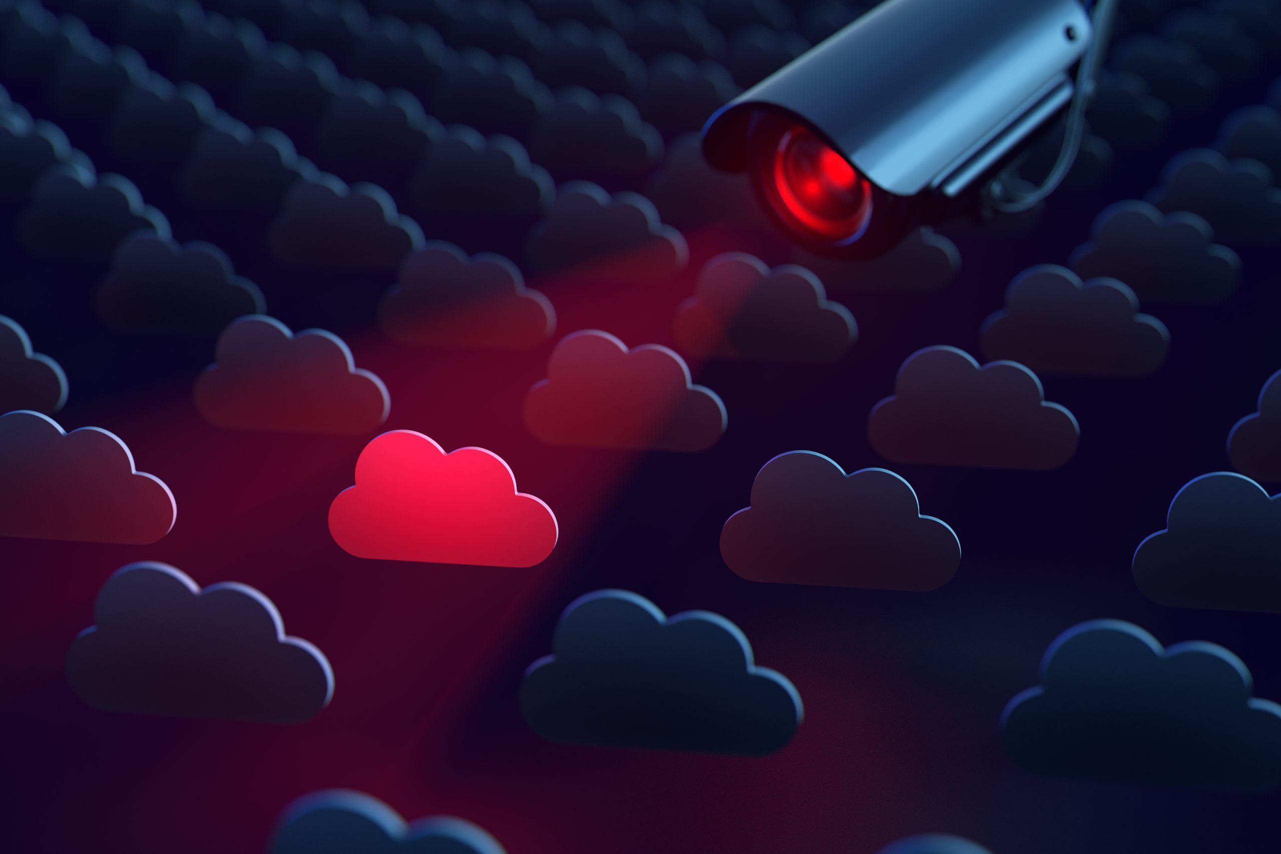 A digital cloud with a red light shining on it from a security camera.