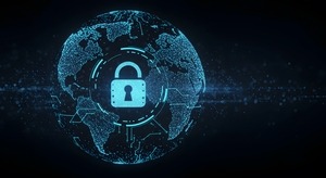 blue digital padlock on an abstract, transparent projection of a globe.