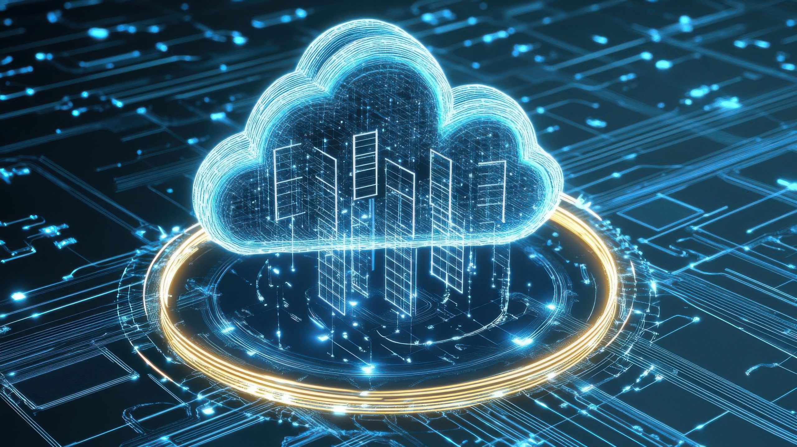 A digital cloud on an abstract tech background and floating over building wireframes.